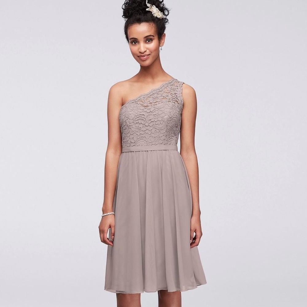 David’s Bridal Beige One Shoulder Lace Bridesmaids Dress 8